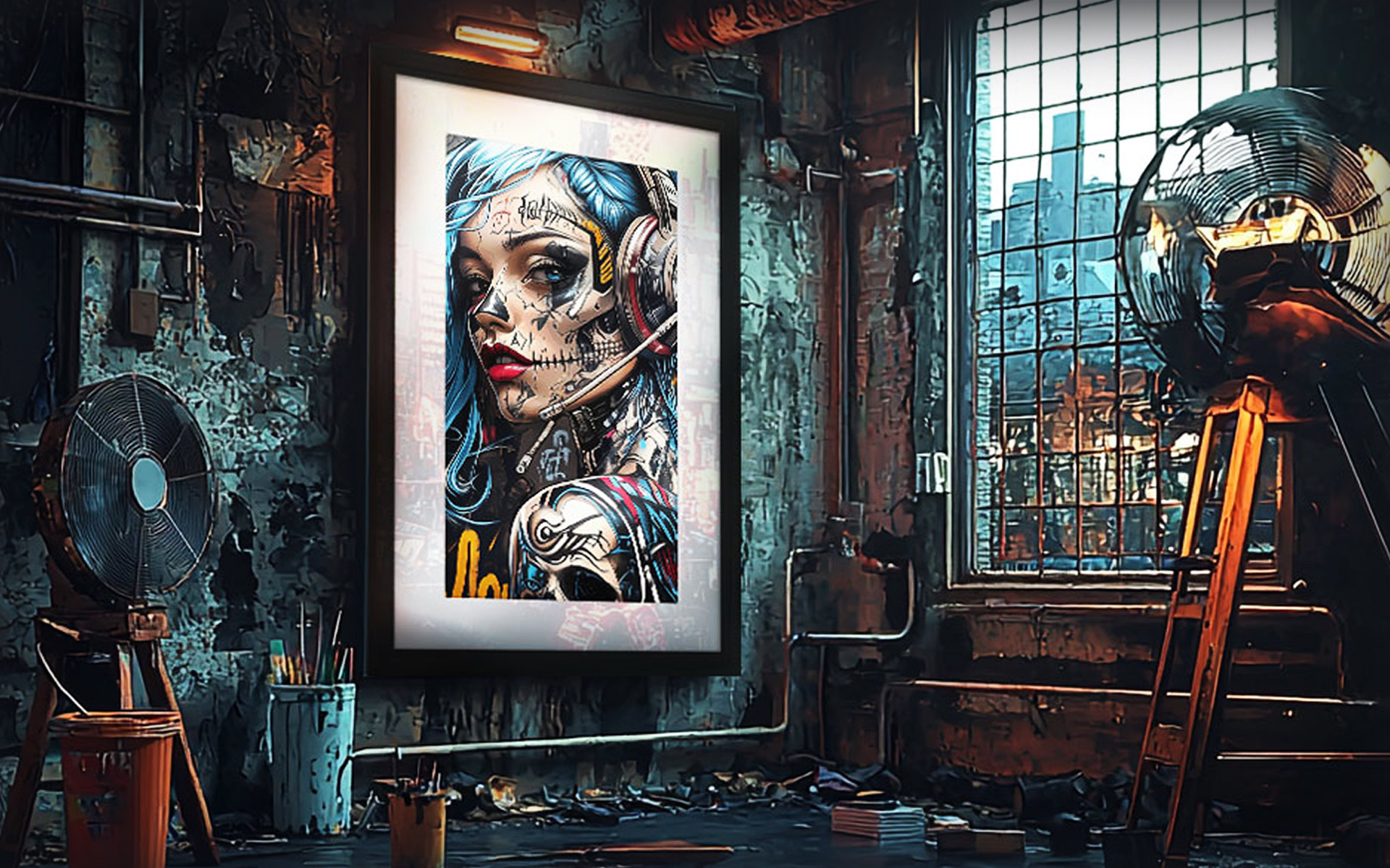 Framed BlueCipher artwork from the Cyberpunk Collection displayed in an industrial loft with raw urban textures, vintage lighting, and a cityscape backdrop.