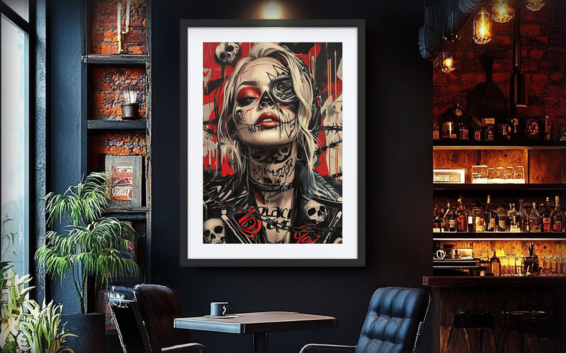 Framed MetalInferno artwork displayed in a modern lounge with industrial elements, exposed brick, and warm ambient lighting.