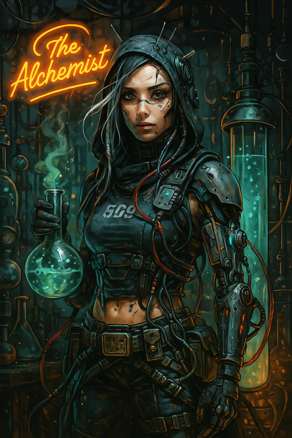 A futuristic techno-alchemist with a cybernetic arm in a neon-lit lab, surrounded by glowing vials and circuitry-infused glass tubes.
