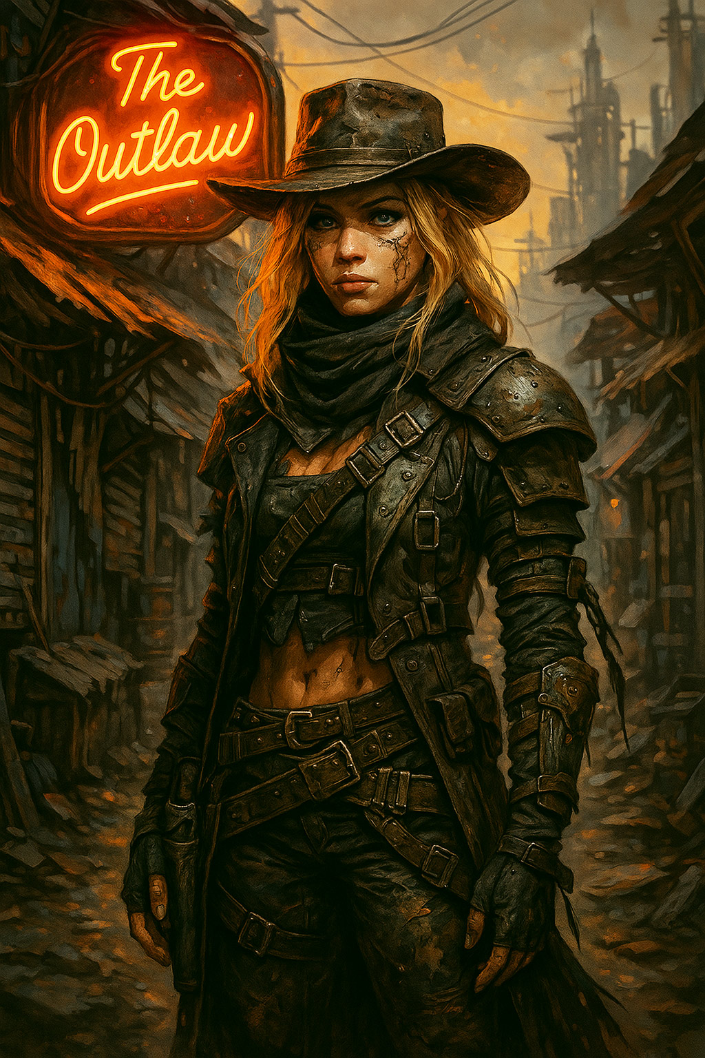 A post-apocalyptic femme outlaw standing in a gritty wasteland alley, wearing layered tactical leather and a wide-brimmed hat under glowing neon signage.