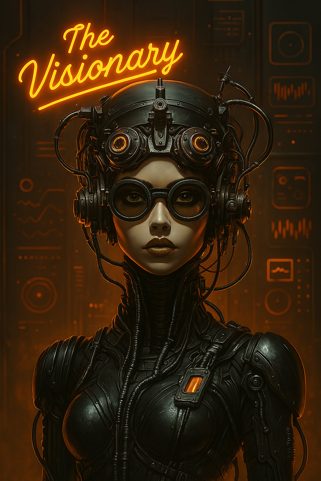 A futuristic female visionary wearing augmented industrial tech, gold-lipped and goggled, with neural circuits and glowing monitors behind her.